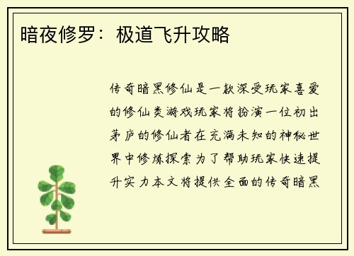 暗夜修罗：极道飞升攻略